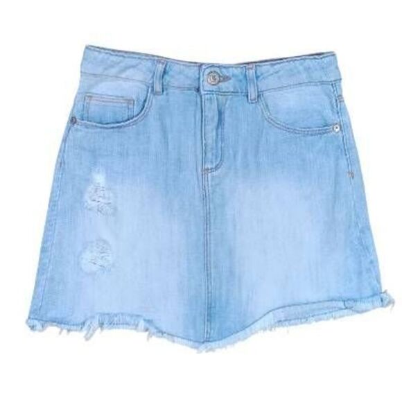 Zara Girls Distressed Denim Skirt Casual Collection Asymmetrical Raw Hem Sz 9 10 - Picture 1 of 7